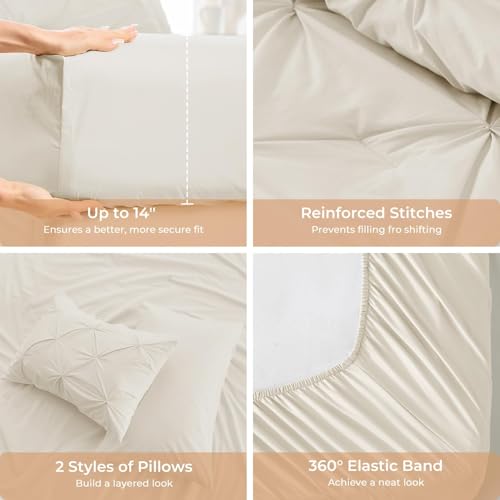 Image of Sasttie Twin Comforter Set, 5-Piece Bed in a Bag, Pintuck Bedding Sets for All Season, Includes Comforter, Flat Sheet, Fitted Sheet, Pillowcase and Pillowsham, Beige