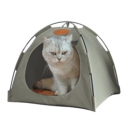 夏猫グッズ 猫用テント ベッド 猫ハウス 通気性 夏用 涼しい 犬用ベッド 敷き物付き 噛まれにくい 折りたたみ式 犬猫用 室内用 キャンプ 水洗い可能 (グレー, M(40*40*37cm,5キロ以下適用))