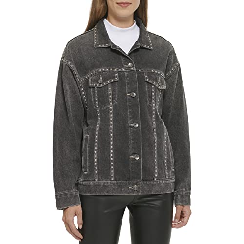 DKNY Women's Rigid Denim Stud Jacket, Concrete Grey, L