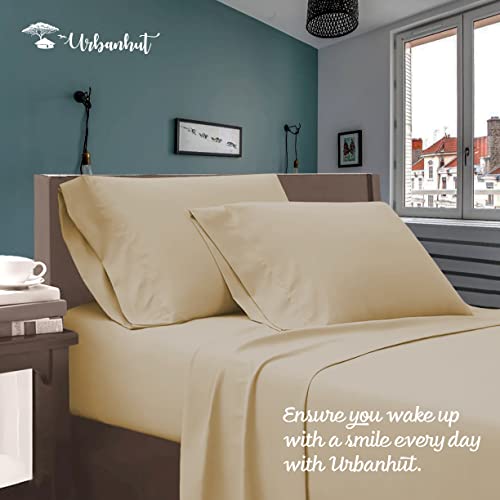 URBANHUT 700 Thread Count Luxury Queen Sheets Set, Egyptian Cotton Sheets (4 Pc Set) Quality - Sateen Sheets for Queen Size Bed - Smooth Soft & Thick Sheets with 15" Deep Pocket (Sand) - Image 4