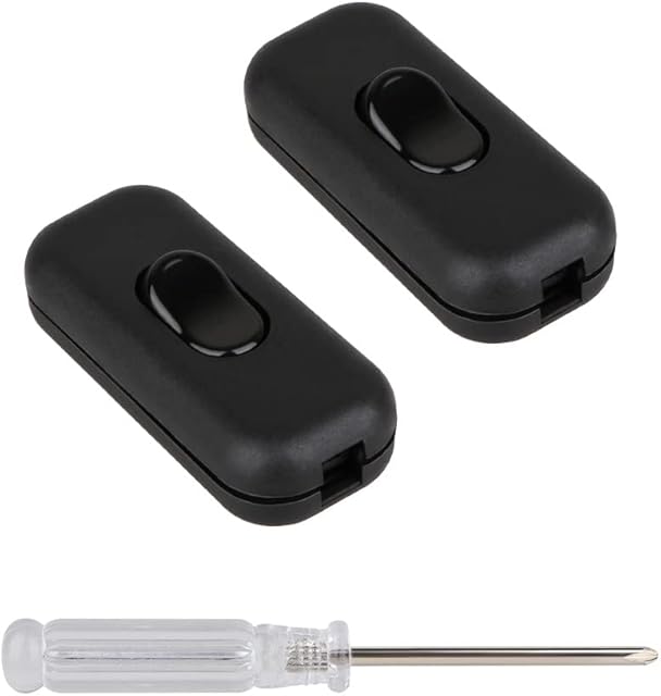 Inline Switch Zevnico Lamp Switch 2 Pack In Line Light Switches, Torpedo Switch Inline Switches for Lamps or Small Appliances 6A, Small Light Switch Bipolar for 2 or 3 Core Flex/Flat Cable, Black
