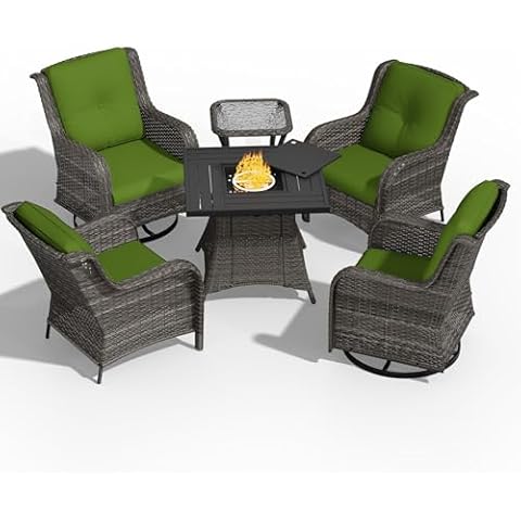MeetLeisure 6 Pcs Patio Furniture Set with Fire Table-31'' Fire Pit Table, 1 Side Table, 4 Outdoor Rattan Wicker Conversation Chairs (2 Fixed & 2 Swivel) （Green） Cover