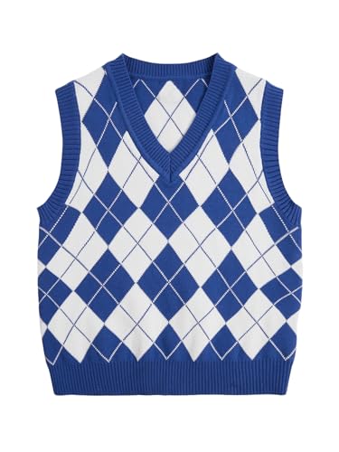 Verdusa Boy's V Neck Argyle Print Knitted Vintage Sweater Vest Casual Sleeveless Pullovers
