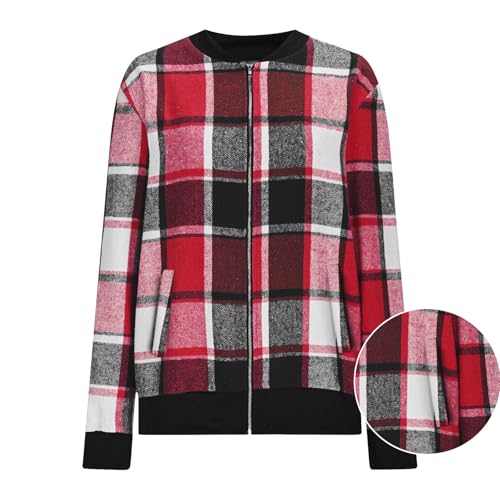 ABABC Jackets for Women Long Sleeve Zip Up Flannel Plaid Jacket Casual Stand Collar Fall Outfits for Women with Pockets3