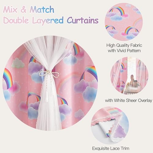 Image of XiDi Pink Curtains for Girls Bedroom 2 Panels 63 Inches Long Cute Double Layer Kids Rainbow Blackout Curtains with Sheer Overlay Lace for Nursery Princess Thermal Insulated Grommet Window Drapes 34x63