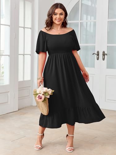 Image of SCOMCHIC Women's Plus Size Summer Dress Casual Short Sleeve Scoop Neck Maxi Dress Smocked Ruffle Boho Flowy Long Dresses