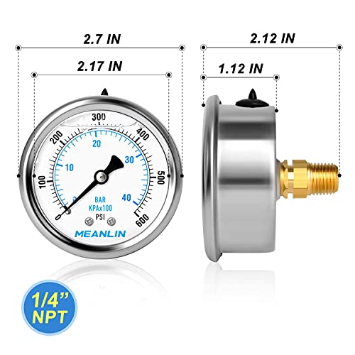 Image of MEANLIN MEASURE 0~600Psi Stainless Steel 1 /4 inch NPT 2.5 inch FACE DIAL Liquid Filled Pressure Gauge WOG Water Oil Air Center Back Mount, with 1 /2 inch NPT and 3 /8 inch NPT Hex Bushing