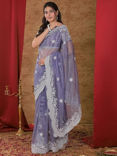 Image of Satrani Women's Net Embroidery Saree with Unstitched Blouse Piece