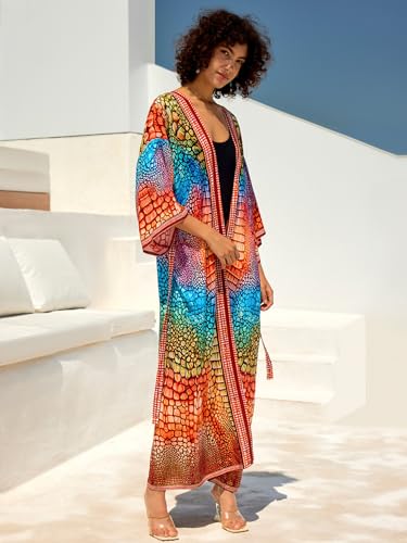 Image of Women's Kimono Cover Up Long Beach Dress Swimsuit Cover Ups Colorful Cardigan Lightweight Robe for Swimwear