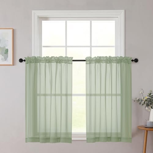WelvetBLK Cafe Curtains 36 Inch Length Tier 2 Pieces, Modern Soft Airy Sheer Kitchen Short Curtains for Small Window, Rod Pocket Small Curtain for Bathroom Basement, Sage Green, Each, 42"Wx36"L Inches
