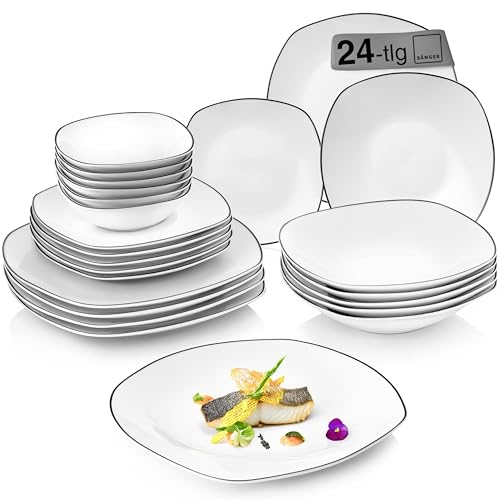 SÄNGER | Kombiservice Bilgola Black Rim 24 tlg, Porzellan Geschirrset...