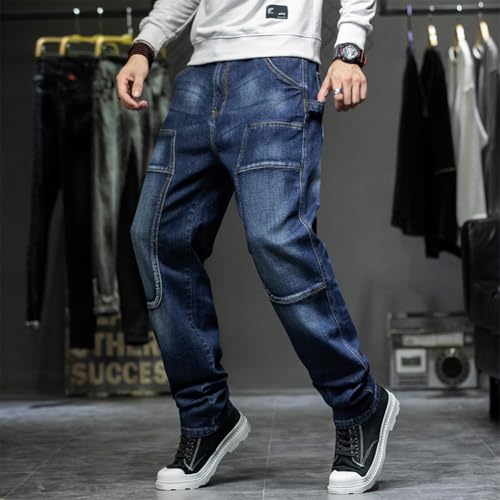 Mens Loose Fit Washed Jeans Vintage Straight Leg Denim Pants with Flap Pocket 28-444