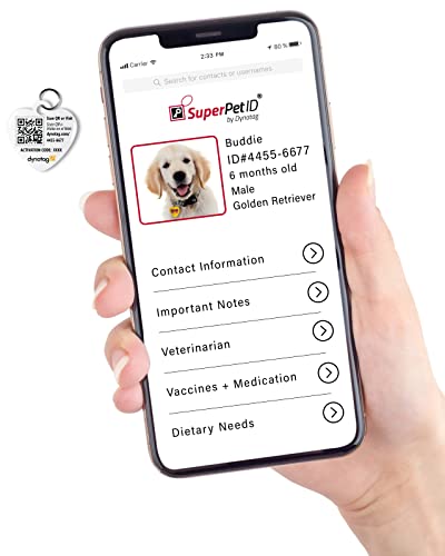Dynotag® Web Enabled Super Pet Id Smart Tag With Dynoiq™ & Lifetime Recovery Service. Play Series: Deluxe Coated Steel - Heart (Heart Shades) #TOP1