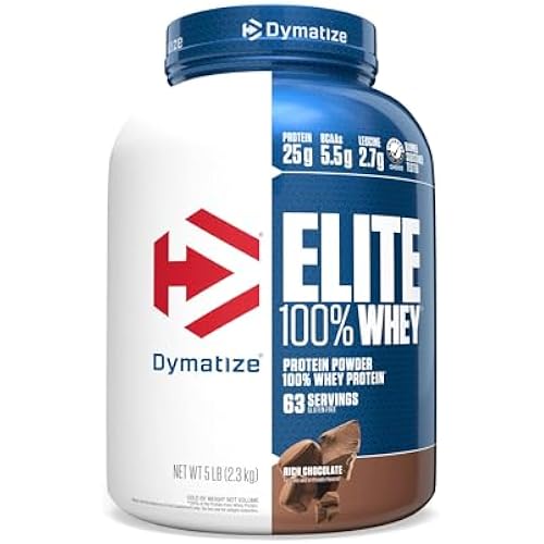 Dymatize Elite 100% Whey Protein Powder, 25g Protein, 5.5g BCAAs & 2.7 L-Leucine, Quick Absorbing & Fast Digesting for Optimal Muscle Recovery, Rich Chocolate, 5 Pound (63 Servings)