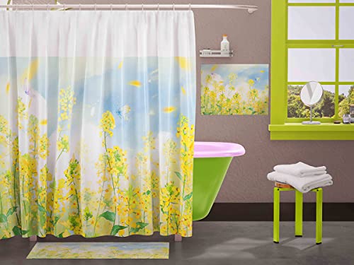 Duschvorhänge mit gelbem Blumenmuster und blauem Himmel für Badezimmer, Bunte Blumen, Wildblumen, Pflanzen, Badewannen, Dekoration, wasserdichtes Duschvorhang-Set aus Polyestergewebe mit Haken Cover