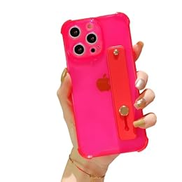 siduater Compatible for iPhone 14 Pro Max Case with Strap Holder Stand - Neon Hot Pink | Wristband Kickstand, Clear Soft TPU, Adjustable Finger Hand Grip Loop, Shockproof Bumper Rugged Cover