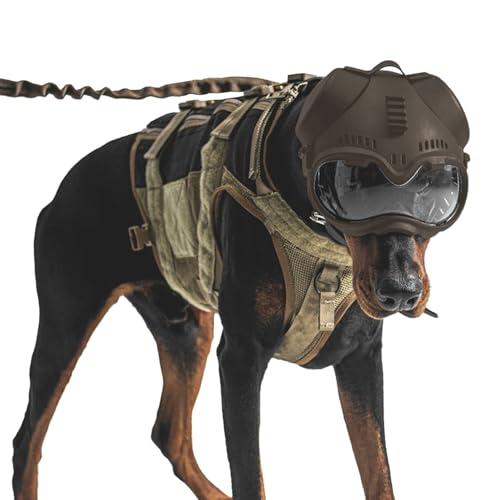 Zhongren Dog Helmet with Goggles - 2in1 Doggy Sunglasses and Pet Motorcycle Tactical Helmet Set for Medium Large Breed with Ear Holes Adjustable Straps for Outdoor Sport(Tan)
