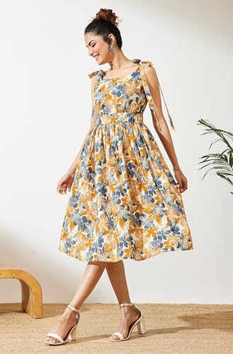Image of Janasya Women's Cream Pure Cotton Floral Printed Fit & Flare Dress