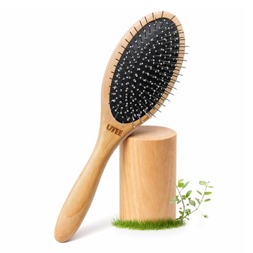 UTEE Dog Brush, Stainless Steel Pin Slicker Grooming Brushes for Dogs and Cats, Groom Like a Professional, Reduces Shedding, Lightweight Beech Wood Body, Removes Mats Loose Fur Hairs