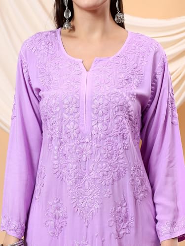 Image of POSHAK CHIKAN STUDIO Women's Hand Embroidered Lucknowi Chikankari Modal Straight Long Kurta, heer