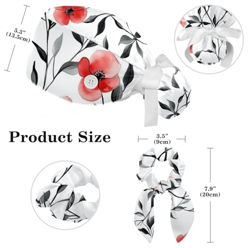 Image of Red Blooming Rose Flowers Black Working Cap with Scrunchy and Ribbon Tie for Women, Long Hair