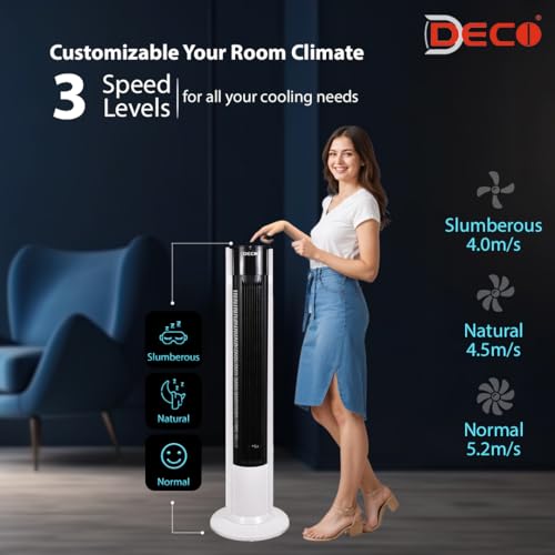 Image of DECO Majesty Indoor Tower Fan with Touch Remote (Black and White, 40 W) | 3 Wind Modes, 3 Speed Settings | Internal Oscillation, Large