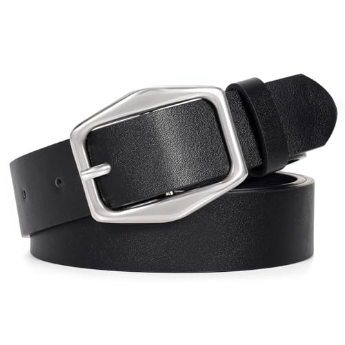 JasGood Damen Ledergürtel Modischer Leder Gürtel für Damen Stilvoll Damengürtel mit Silberner Schnalle für Jeans Kleider Hosen,Schwarz,120cm