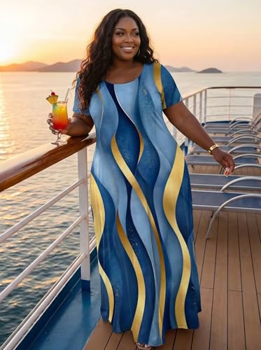 Image of SUZONANA Plus Size Maxi Dress for Curvy Women Summer Casual Sundress Short Sleeve Loose Vacation Dress