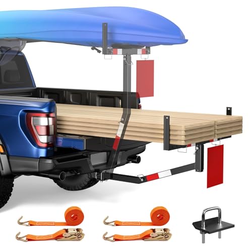 JY PERFORMANCE Truck Bed Extender Hitch Mount Pickup Truck Bed Extender for Kayak Canoe Ladder Lumber Rack Long Pipes w/Flag Reflective Tape 375lbs Capacity