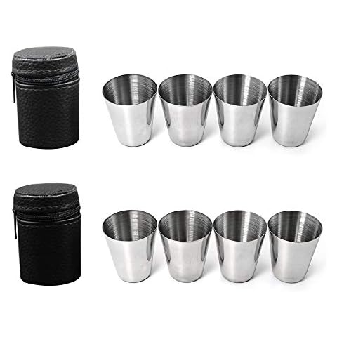 MOPOIN Stainless Steel Cup Set, Portable Shot Glasses Set Food Grade Metal Drinking Glasses Schnapps Cup with Black Leather Bag for Hiking Picnic Camping Travel, BAP Free Cover