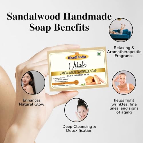 Image of Utkrisht Khadi Sandalwood Herbal Bath Soap | Handmade with Natural Ingredients | Nourishing, Aromatic & Skin Brightening | Paraben-Free | For Men, Women & Sensitive Skin (Pack of 3) - 125gm