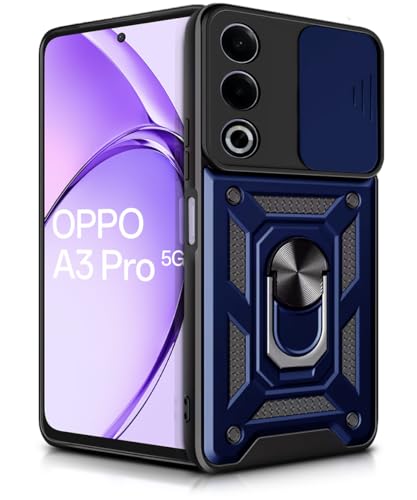 Image of WOW IMAGINE Tough Armor Bumper Mobile Back Case for Oppo A3 Pro 5G | Oppo K12x 5G | Sliding Camera Shield Cover | Shock Proof 360 Protection | Hybrid PC + TPU | Ring Holder with Kickstand - Blue