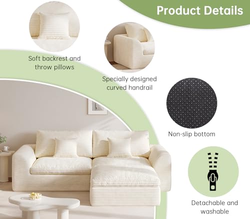 Image of Boneless Couch 91 inch Cloud Sofa 3-Seater Sectional Couches for Living Room, L-Shape Sofa with Ottoman, Comfy Flannel Fabric Oversized Loveseat Recliner Lounge Chaise with 2 Throw Pillow (Beige)
