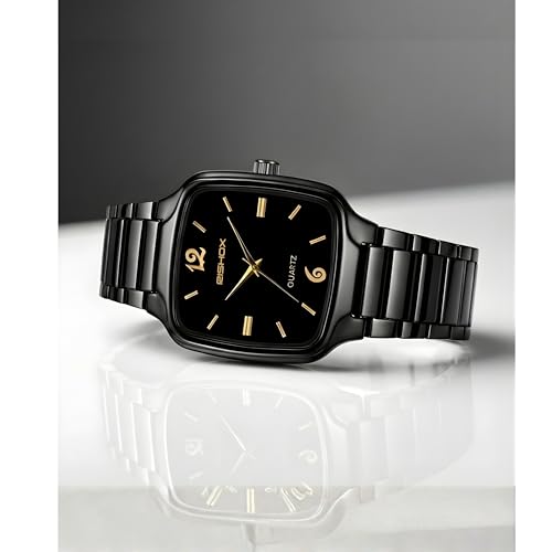 Image of Men's Analog Watch | Black Dial Square Stainless Steel Strap | Slim Quartz Wrist Watch for Men & Boys | Stylish Formal Casual Water Resistant Watch