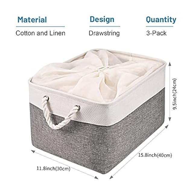 HOdo Home 15.8¡Á11.8¡Á9.5 In/3PCS Storage Bins, Fabric Bin with Drawstring Closure and 2 Bold Handles, Collapsible Large Canvas Baskets for Organizing Shelf Nursery Home Closet (White and Grey)