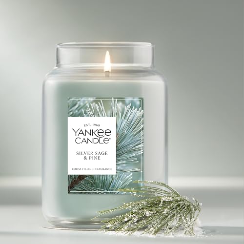 Yankee Candle Large Jar Scented Candle with up to 150 Hour Burn Time, Premium Plant Wax Blend for Consistent Burn, 22 oz Jar Candle with Room Filling Fragrance, Silver Sage & Pine