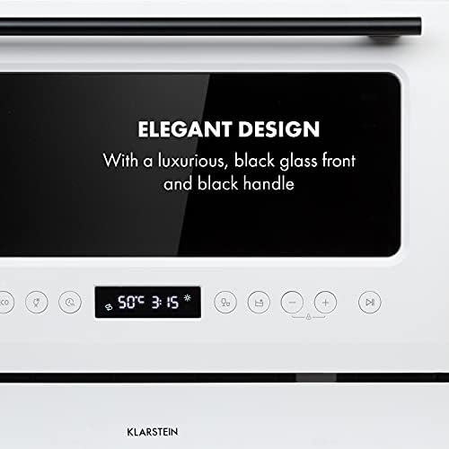 Klarstein Azuria Table Dishwasher - Freestanding, EEC, F, 6 Place Settings, Water Consumption: 6.5 Litres, 6 Wash Programmes, Self-Cleaning, 49 dB, Design Door with Black Glass Front, White