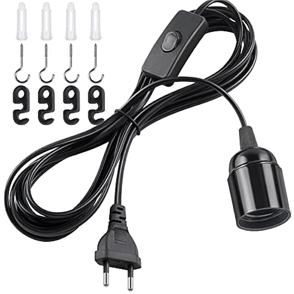 DiCUNO E27 oprawa lampy z przełącznikiem i kablem, oprawa E27 z czarnym kablem sieciowym 4 m, zawieszenie lampy wiszącej, lampa wisząca, 1P