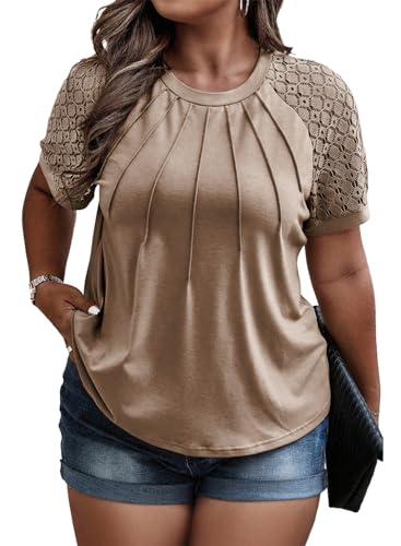 Image of Eytino Plus Size Tops for Women Summer Lace Short Sleeve Crewneck Loose Casual Blouse Tunic T Shirts(1X-5X)