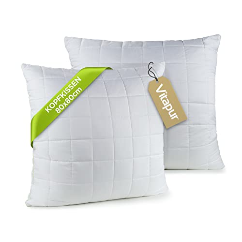 Almohada 80 x 80 cm, 2 unidades | Vitapur Base+ | Cojín ajustable | para todas las posiciones de dormir | lavable a 60 °C | Relleno desmontable | 2 x 80 x 80 cm Cover