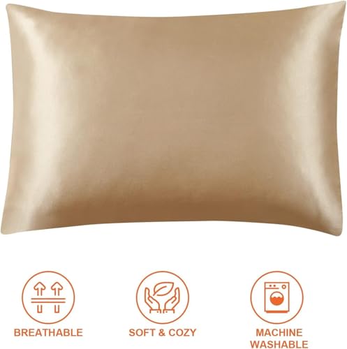 Image of Satin Pillow Covers Set of 2 - Soft & Smooth Pillowcases for Hair & Skin Care | Envelope Closure | Includes 3 Free Random Color Scrunchies | Frizz-Free Sleep Essentials (Taupe)