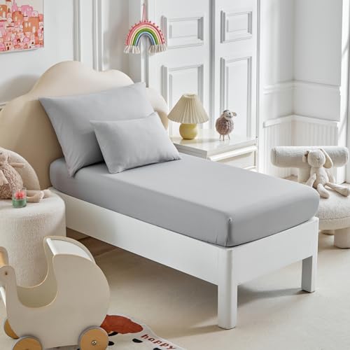Image of Kids Comforter Sheet Set - Soft and Breathable Bed Set Includes Quilted Comforter, Fitted Sheet, Flat Top Sheet, Pillowcase and Toddler Pillowcase for Toddler - 5 Pieces Toddler Bedding Set Gray