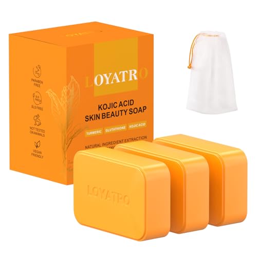 LOYATRO Kojic Acid Turmeric Soap Bar 3 Pack for Body & Face, Made with Natural and Organic