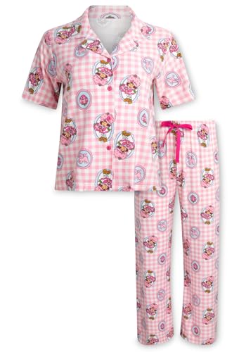 Image of COCO BRANDS Strawberry Shortcake Womens Pajama Sets - 2 Piece Soft Stretch Button Down Sleep Shirt and Pajama Pants