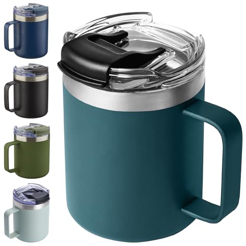 ALOUFEA 12oz Insulated Coffee Mug Cup with Handle, Stainless Steel Travel Coffee Mug with Flip Lid, Double Wall Vacuum Coffee Tumbler,Ocean Teal