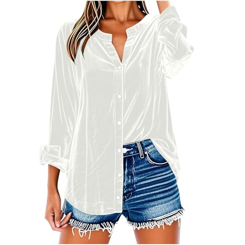 Velvet Tops for Women UK Longline Button Down Blouse Plus Size Tunic Tops V Neck Casual Dress Blouse Elegant Business Office Work Tee Shirts Loose Rolled Long Sleeve Shirts White
