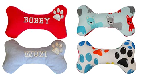 Handmade Welpen Hunde Spielzeug Hundespielzeug Quitscher Knochen Pfote mit Name Bestickt personalisiert (Blau)