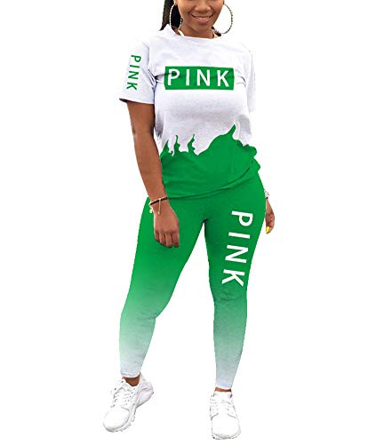 THLAI Women Letter Print 2 Piece Outfits Short Sleeve Tshirt Top and Long Gradient Pants Tracksuits Jogging Sets S-3XL