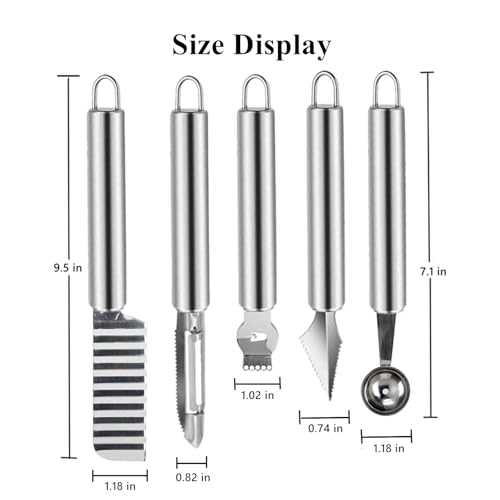 5 Pcs Stainless Steel Fruit Carving Knife Set, Kitchen Fruit Carving Knife, Watermelon and Ice Cream Scoop, 2-in-1 Dig Pulp Separator Fruit Peeling Tool, Crinkle Knife and Lemon Zester Grater