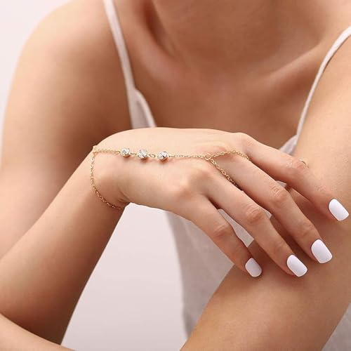 Image of Long tiantian Hand Chain Bracelet Gold Link Finger Ring Slave Bracelet